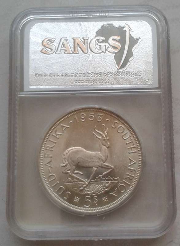 Nice 1953 Union silver 5 Shillings SANGS MS62