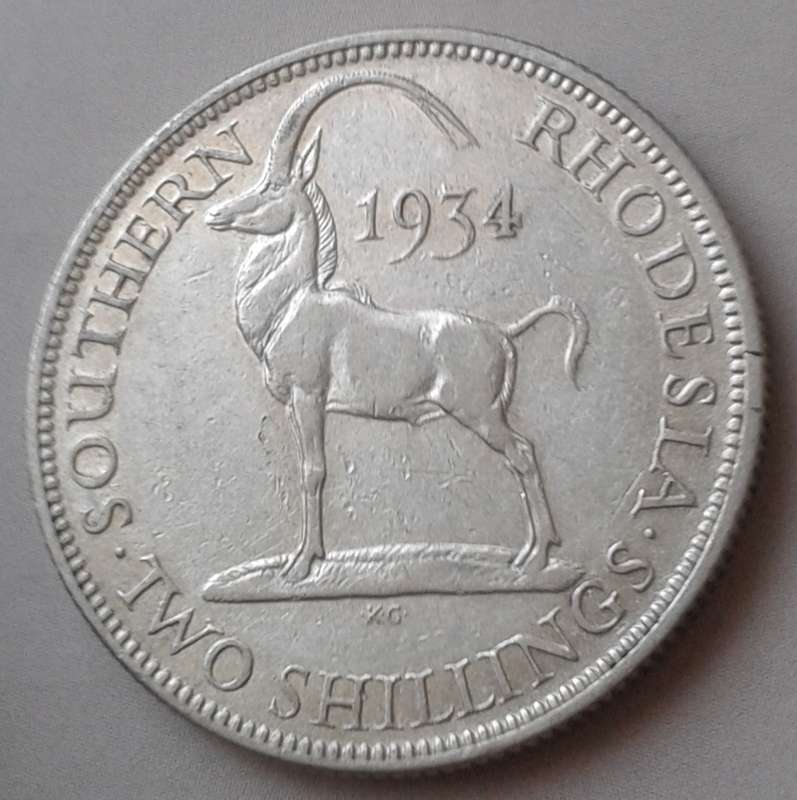 1934 Southern Rhodesia sterling silver 2 Shillings (lower mintage)