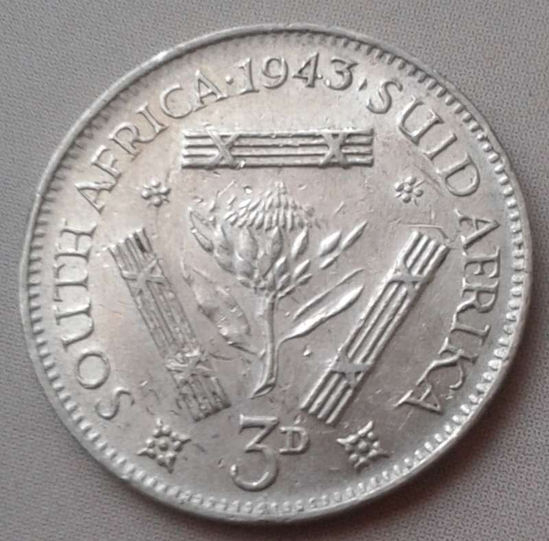 1943 Union silver threepence in XF.