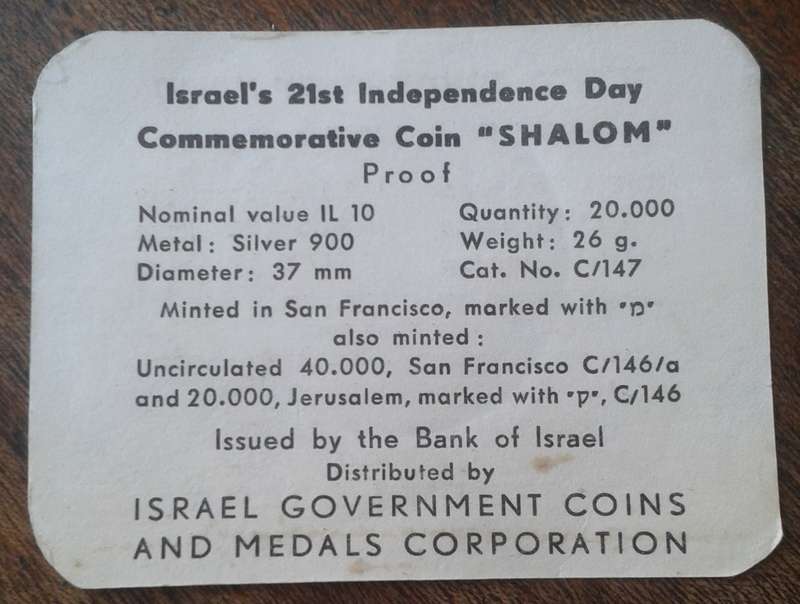 1969 Israel proof silver 10 Lirot - Peace - 21st Anniversary of Independence  (low mintage)