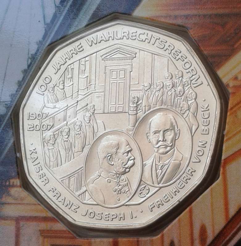 2007 Austria brilliant uncirculated silver 5 Euro in blister pack (Universal Male Suffrage)