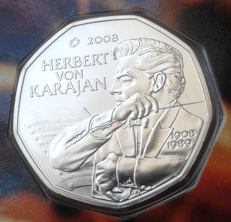 2008 Austria brilliant uncirculated silver 5 Euro in blister pack (Herbert Von Karajan)