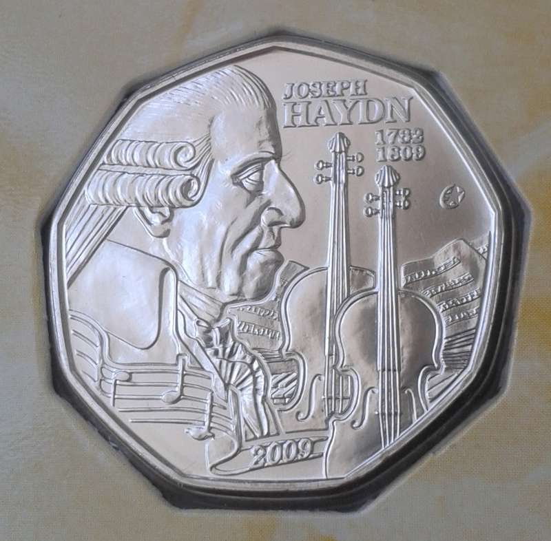 2009 Austria brilliant uncirculated silver 5 Euro in blister pack (Joseph Haydn)