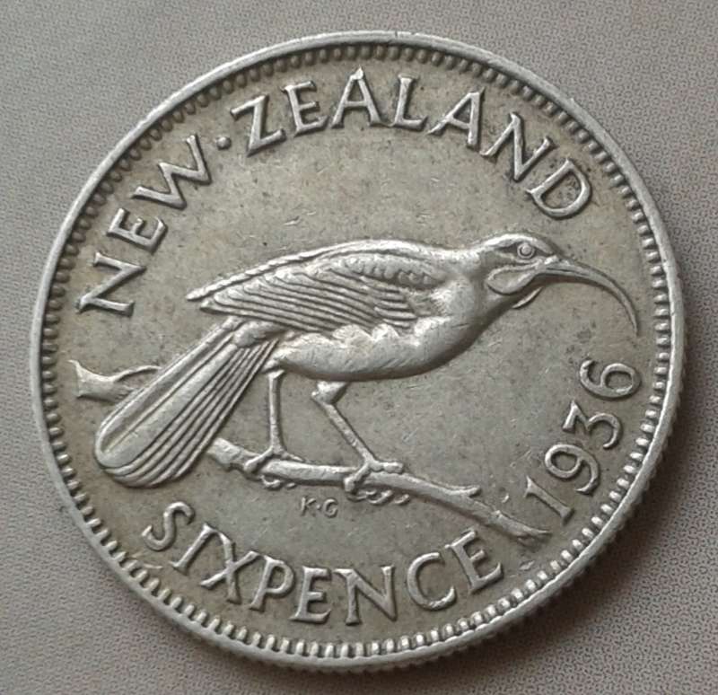 1936 New Zealand silver sixpence in XF