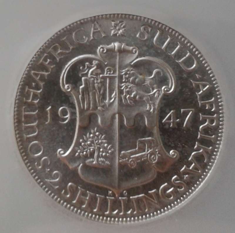 Scarcer 1947 union proof silver 2 Shillings SANGS PF63 (mintage: 2600)