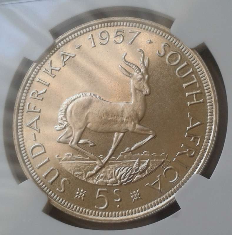 High grade 1957 union proof silver 5 Shillings NGC PF66