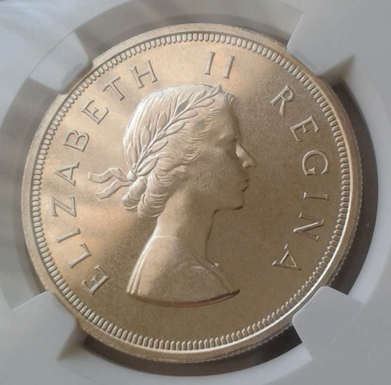 High grade 1957 union proof silver 5 Shillings NGC PF66