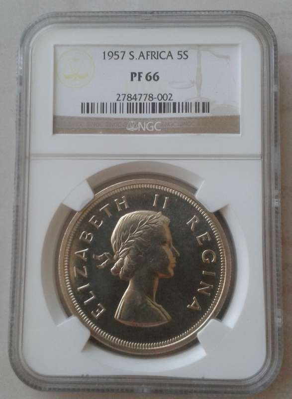 High grade 1957 union proof silver 5 Shillings NGC PF66