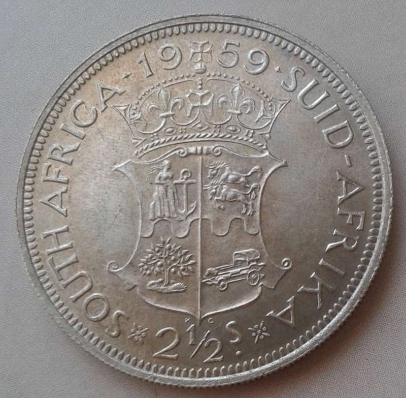 Scarce 1959 union uncirculated silver 2 1/2 Shillings with obverse die cracks