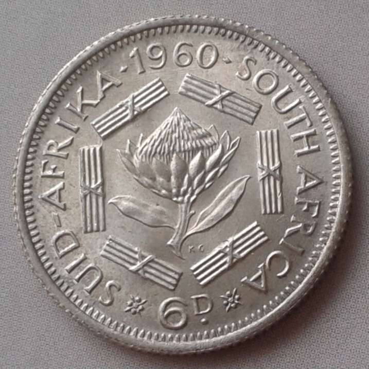 1960 Union uncirculated silver sixpence with obverse die cracks