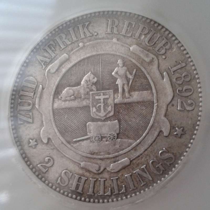 Scarcer 1892 ZAR Kruger silver 2 Shillings SANGS VF25