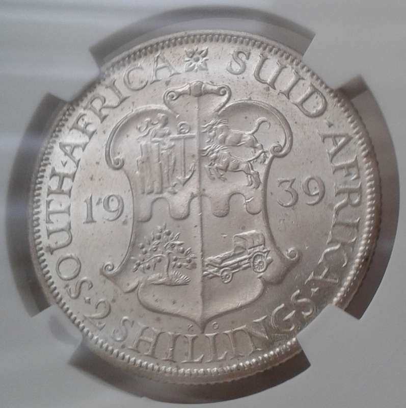 High grade 1939 union silver 2 Shillings SANGS AU58
