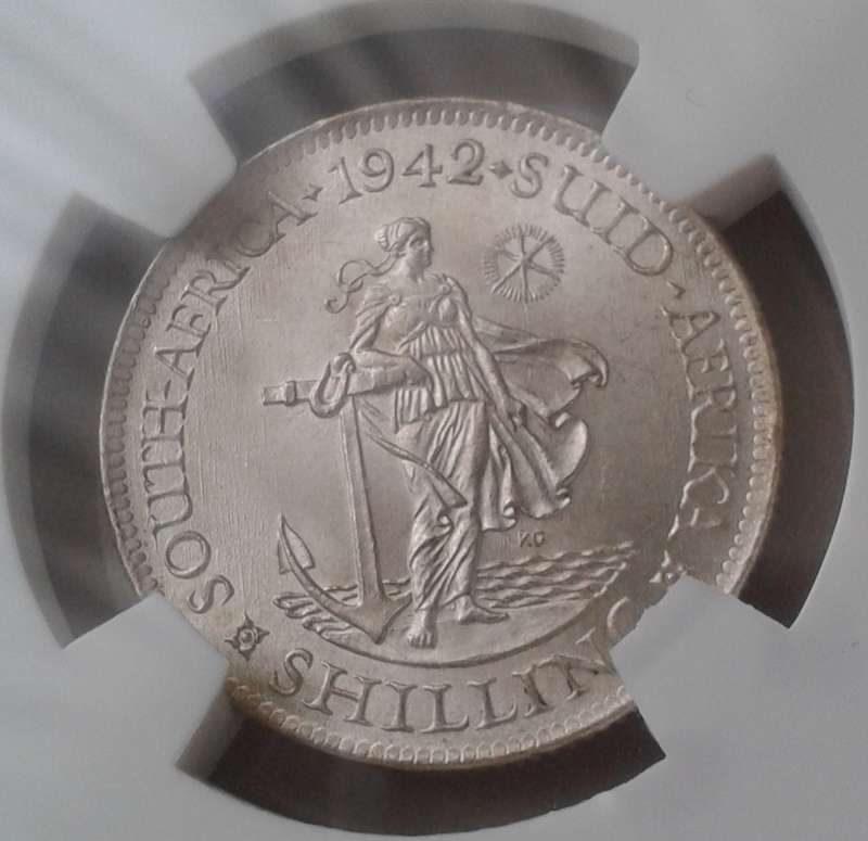 Nice 1942 union silver shilling SANGS MS63 (Cracked Die)