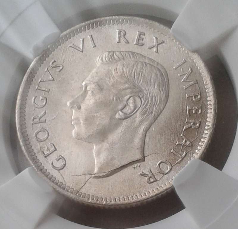 Nice 1942 union silver shilling SANGS MS63 (Cracked Die)