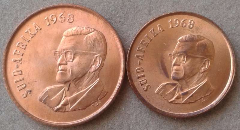 1968 Afrikaans uncirculated 2c and 1c set (Pres.Swart)