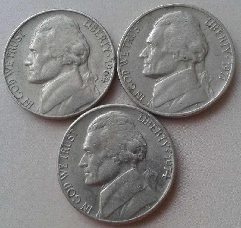 1964/1971/1974 USA Jefferson nickel set
