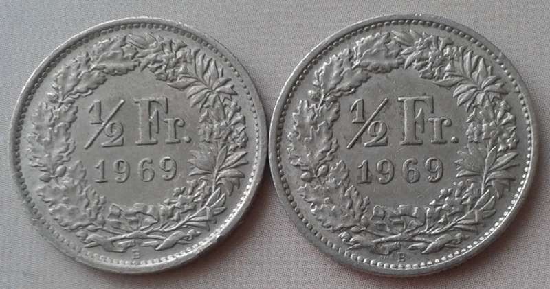 Set of two 1969 Switzerland 1/2 Franc coins