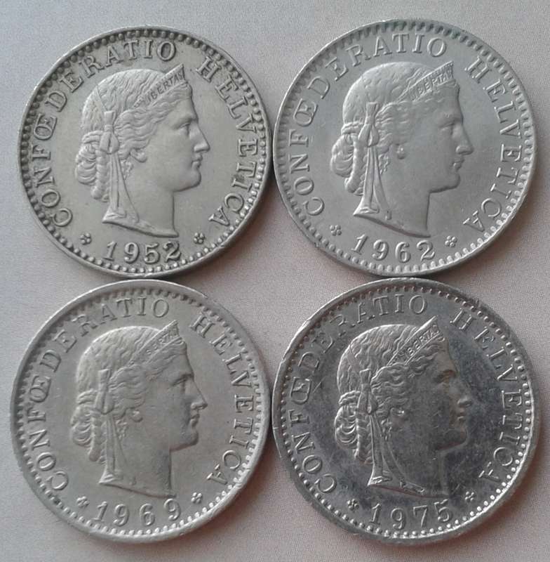 1952/1962/1969/1975 Switzerland 20 Rappen set