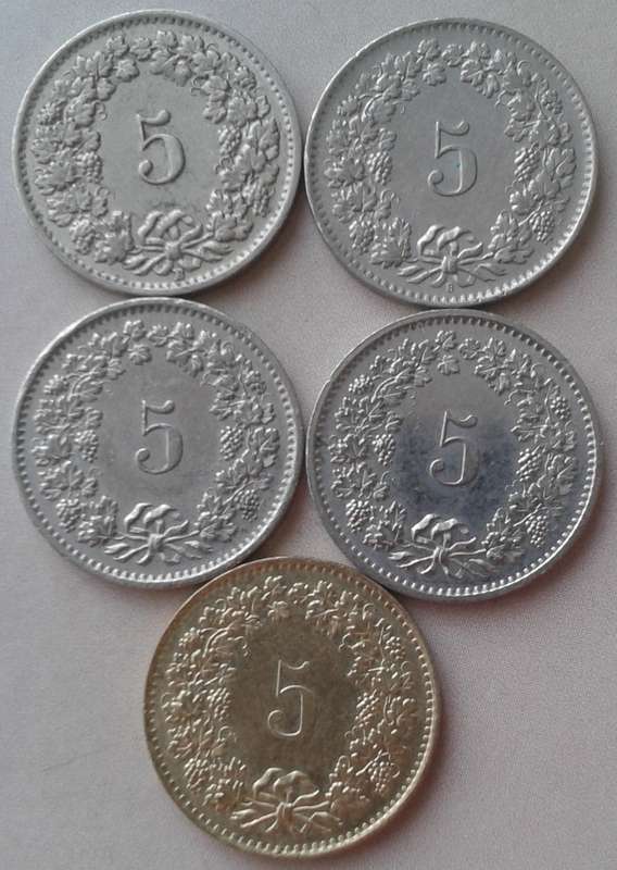 1955/1962/1974/1980/1981 Switzerland 5 Rappen set
