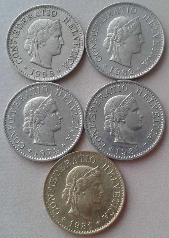 1955/1962/1974/1980/1981 Switzerland 5 Rappen set