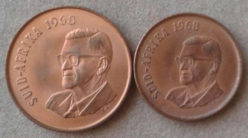1968 Afrikaans uncirculated 2c and 1c.