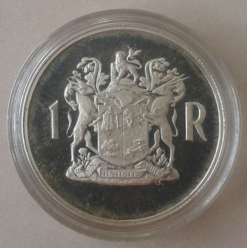 Encapsulated 1969 Afrikaans proof silver R1 (mintage: 12000)