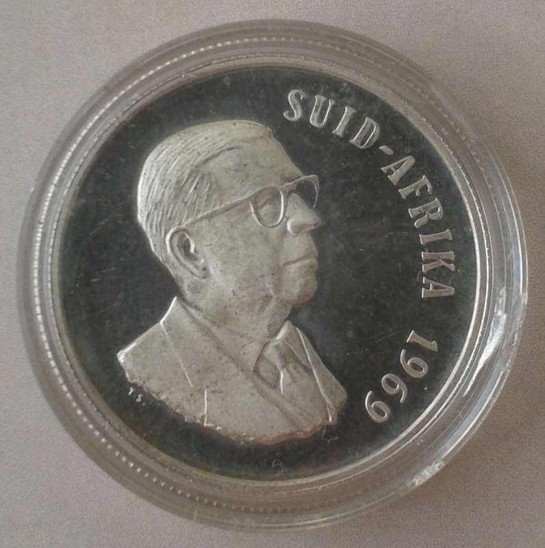 Encapsulated 1969 Afrikaans proof silver R1 (mintage: 12000)