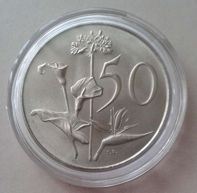 Encapsulated 1967 Afrikaans uncirculated nickel 50c (low mintage)