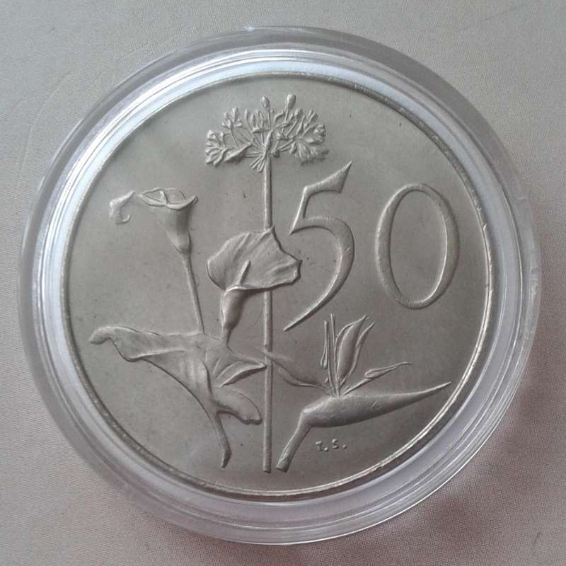Encapsulated 1967 Afrikaans unc nickel 50c (low mintage).