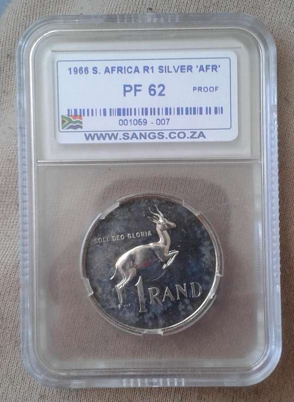 1966 Republic (Afrikaans) proof silver R1 SANGS PF62 (mintage: 25000)