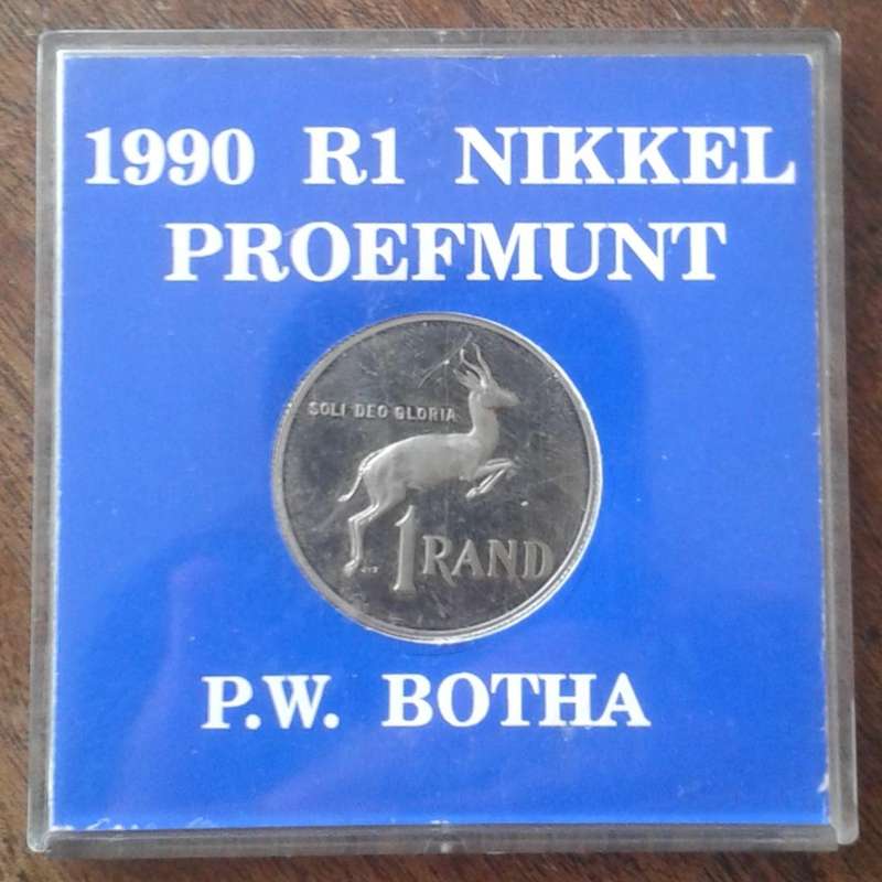 1990 P.W Botha proof nickel R1 coin in case.