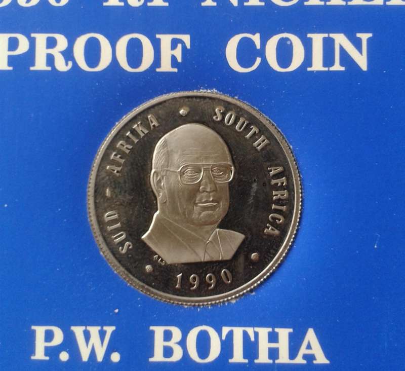 1990 P.W Botha proof nickel R1 coin in case.