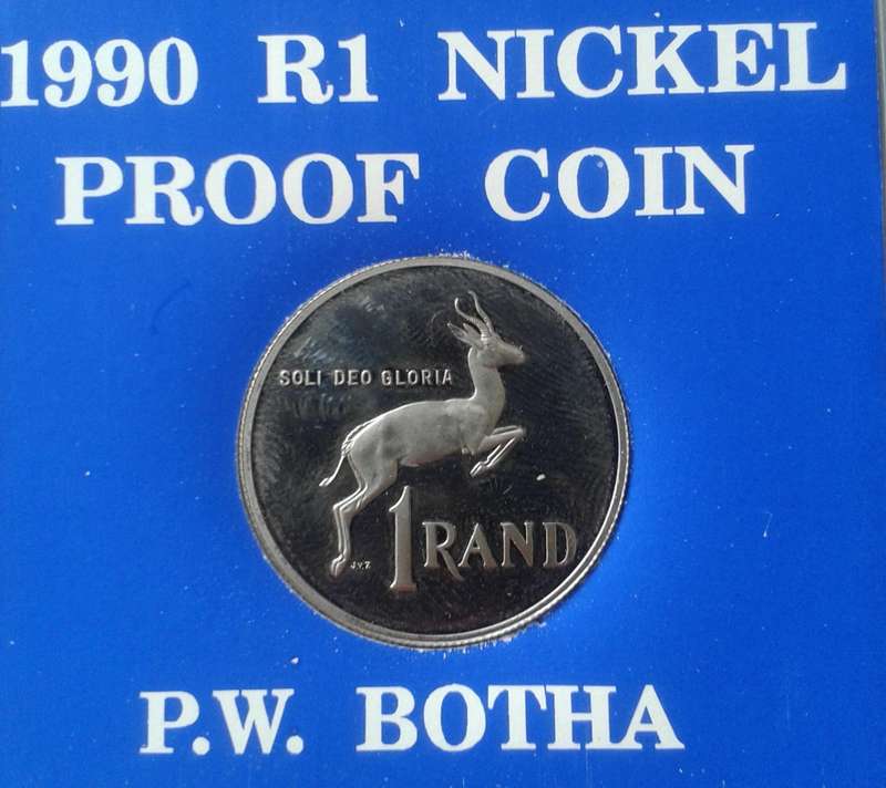 1990 P.W Botha proof nickel R1 coin in case.
