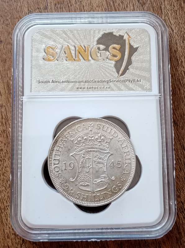 Higher grade 1945 union silver 2 1/2 Shillings SANGS AU55.