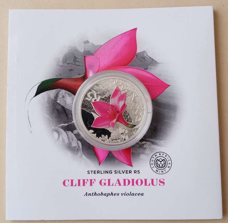 2016 Kogelberg Biosphere Reserve proof 1oz silver coloured R5 (Hermanus Cliff Gladiolus)