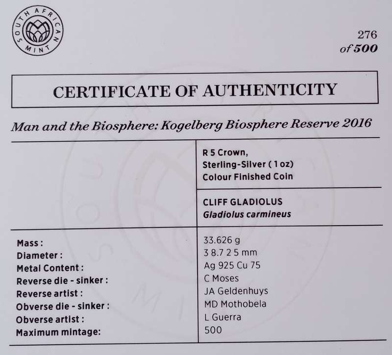 2016 Kogelberg Biosphere Reserve proof 1oz silver coloured R5 (Hermanus Cliff Gladiolus)
