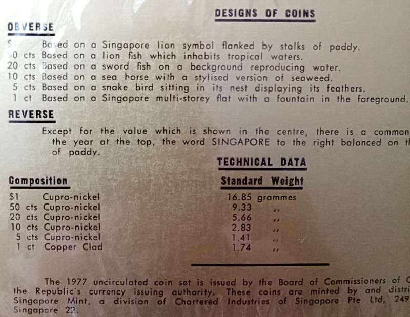 1977 Singapore uncirculated coin set in folder (Year of the snake)