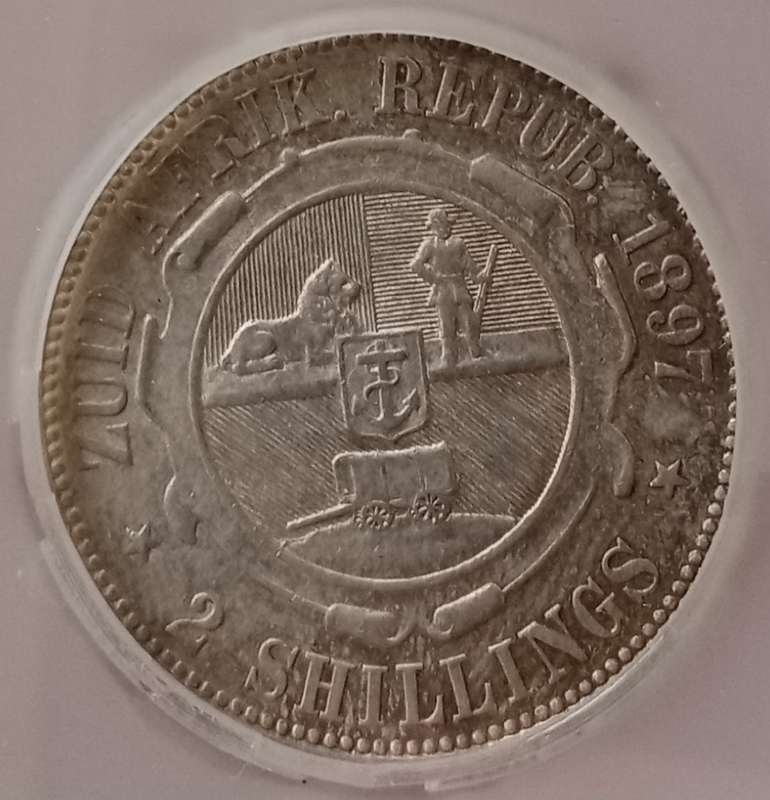 1897 ZAR Kruger silver 2 Shillings SANGS AU53