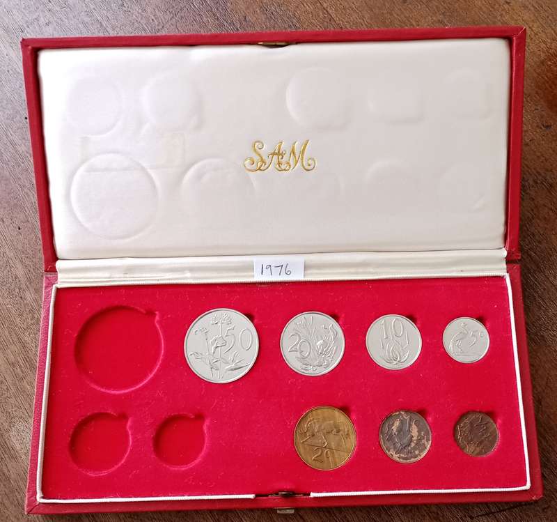 Partial 1976 proof set in red box (50c-1/2c) `Pres.Fouche`.