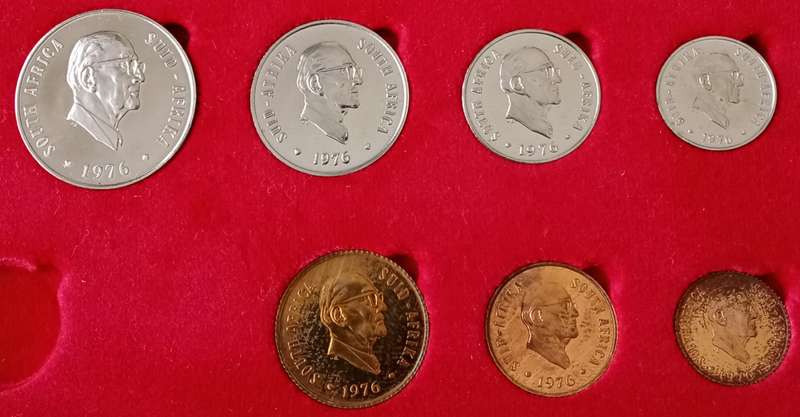 Partial 1976 proof set in red box (50c-1/2c) `Pres.Fouche`.