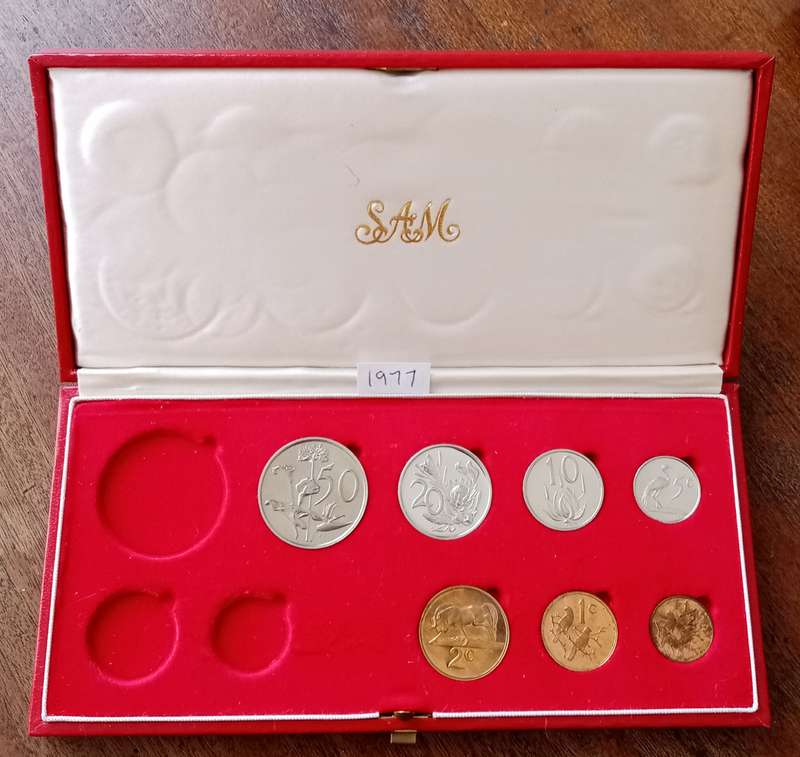 Partial 1977 proof set in red box (50c-1/2c).