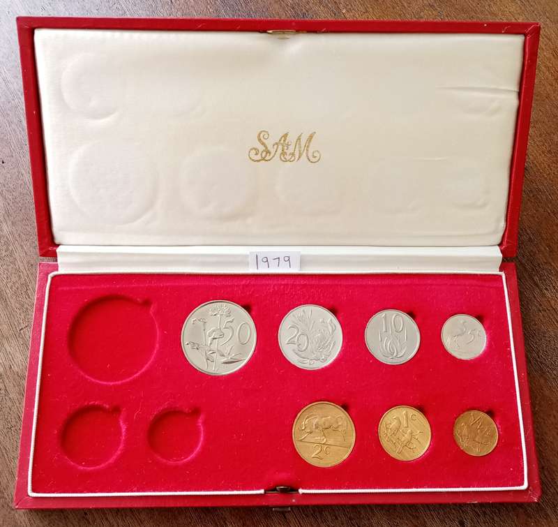 Partial 1979 proof set in red box (50c-1/2c) `Pres.Diederichs`.