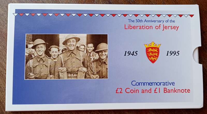 1995 Liberation of Jersey uncirculated £2 coin and £1 note set in wallet