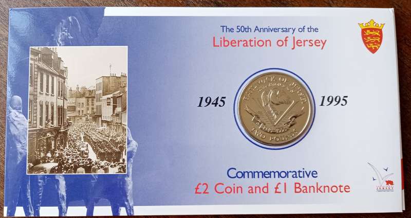 1995 Liberation of Jersey uncirculated £2 coin and £1 note set in wallet