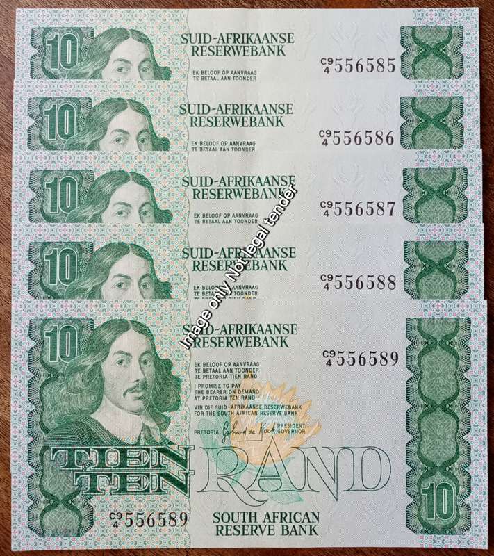 Lot of x5 GPC de Kock 1984 sequential R10 notes in crisp AU
