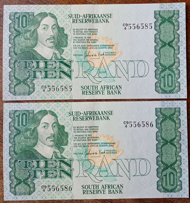 Lot of x5 GPC de Kock 1984 sequential R10 notes in crisp AU