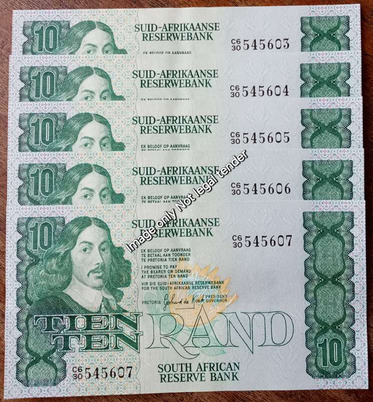 Lot of x5 GPC de Kock 1982 sequential R10 notes XF+/AU
