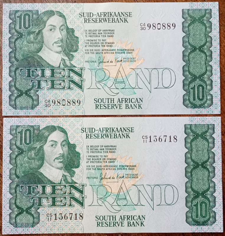 Lot of x4 GPC de Kock 1980's R10 notes in crisp XF+/AU