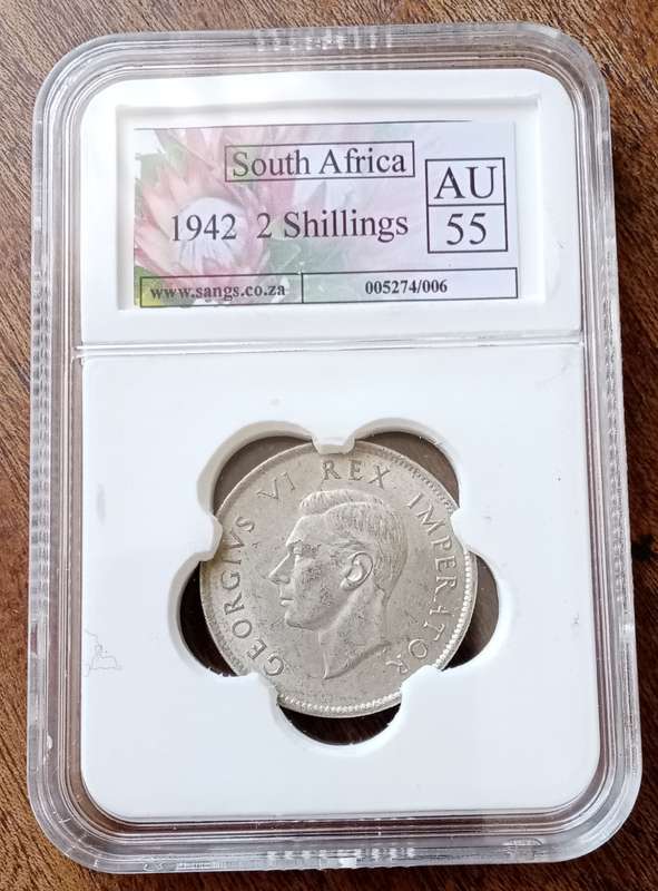 1942 Union silver 2 Shillings with reverse die cracks SANGS AU55