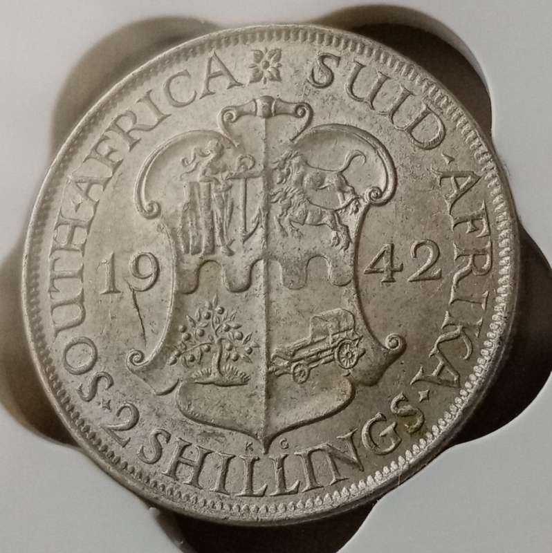1942 Union silver 2 Shillings with reverse die cracks SANGS AU55
